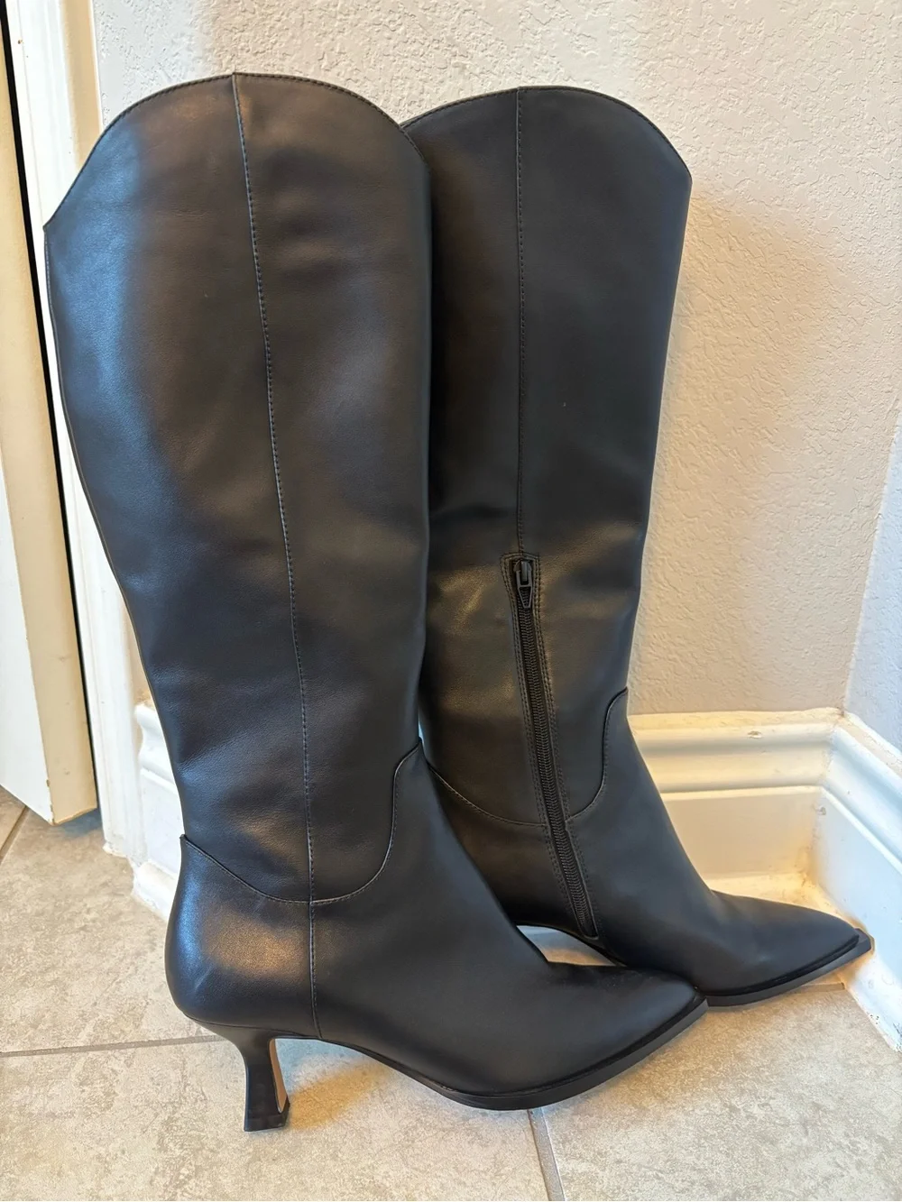 Dolce Vita Black Leather Knee-High Pointed-Toe Heeled Boots